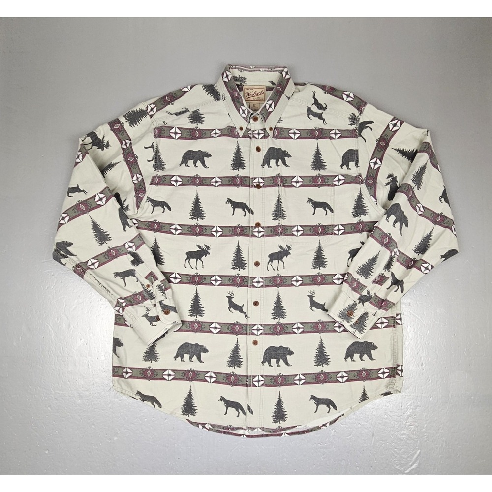 Vintage Woolrich Button Down Shirt Mens XL Aztec Western Bear Moose‎ Fox Deer